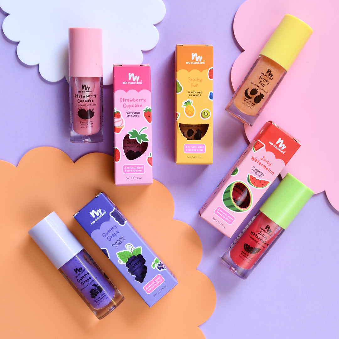 no nasties natural kids lip gloss wands in fruity fun